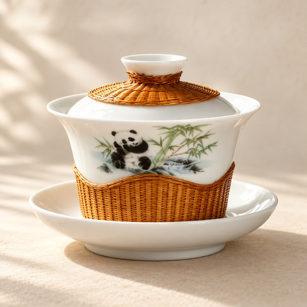 Panda Bamboo-Wrapped Porcelain Gaiwan
